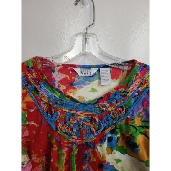 Keren Hart Womens Wearable Art Top Large Colorful Abstract Rhinestone 3/4 Sleeve - Picture 2 of 8
